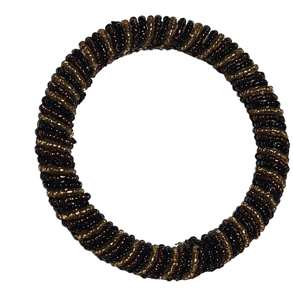 Elegant Handmade Black Gold Seed Beaded Bangle Bracelet Retro Fashion Jewelry - Picture 1 of 3
